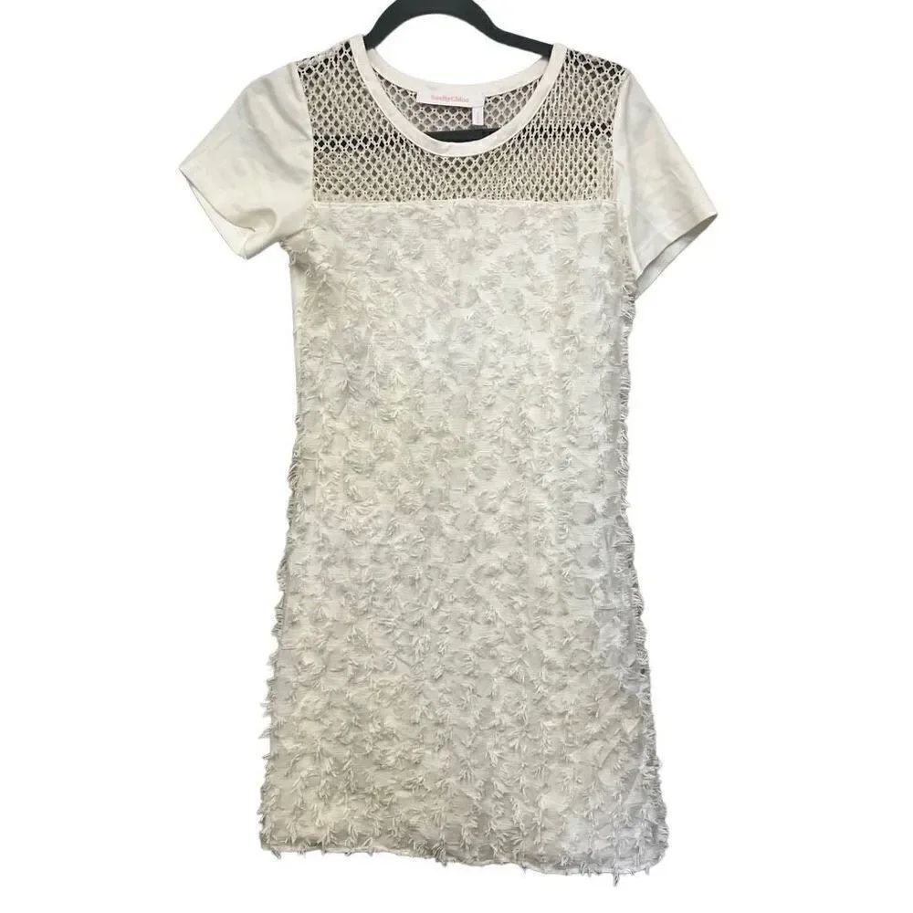 See by Chloe short sleeve ruffled white cloud dancer knit textured fringe shift